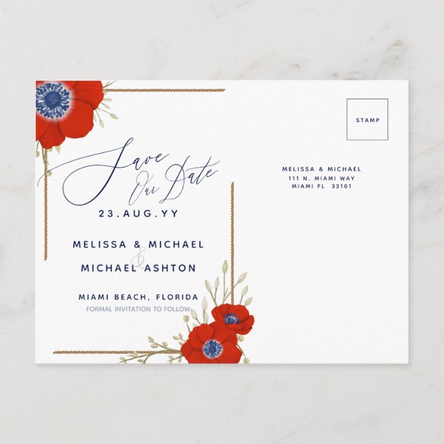Red Anemone Nautical Navy + Anchor Save Date A Meddelande Vykort (Baksida)