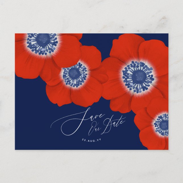 Red Anemone Nautical Navy + Anchor Save Date Meddelande Vykort (Framsida)