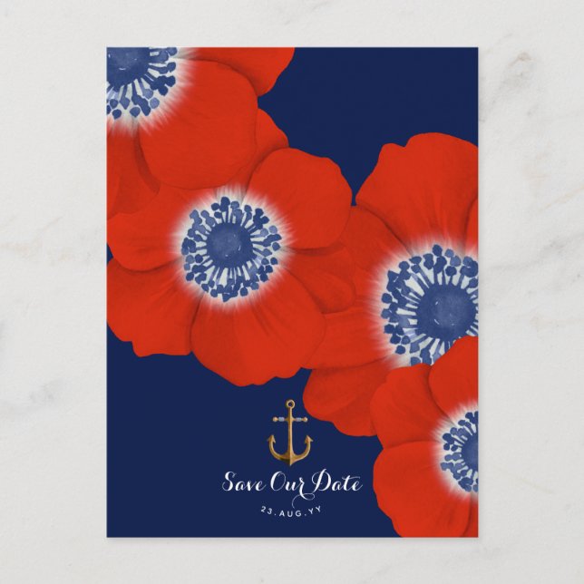 Red Anemone Nautical Navy + Anchor Save Date Meddelande Vykort (Framsida)