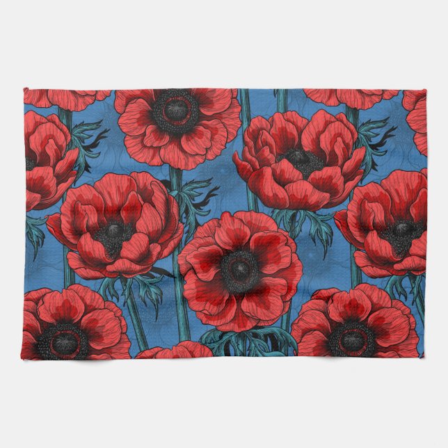 Red anemone-trädgård kökshandduk (Horisontell)