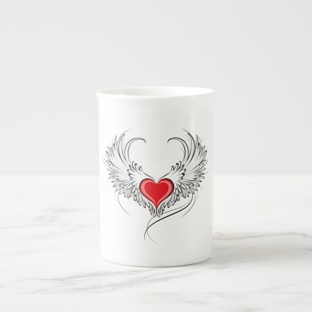 Red Angel Heart med vingar Benporslin Mugg (Framsidan)