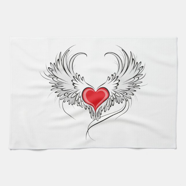 Red Angel Heart med vingar Kökshandduk (Horisontell)