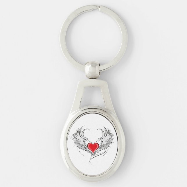 Red Angel Heart med vingar Ovalt Silverfärgad Nyckelring (Framsidan)
