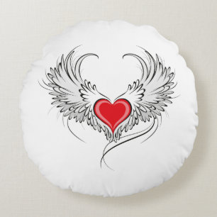 Red Angel Heart med vingar Rund Kudde