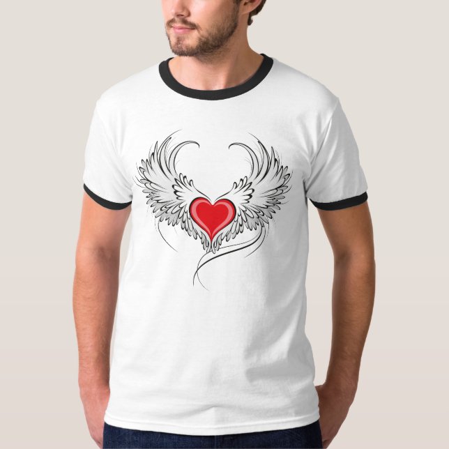 Red Angel Heart med vingar T Shirt (Framsida)