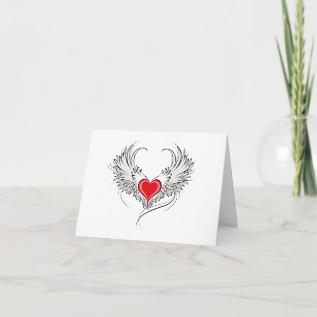 Red Angel Heart med vingar Tack Kort (Framsida)