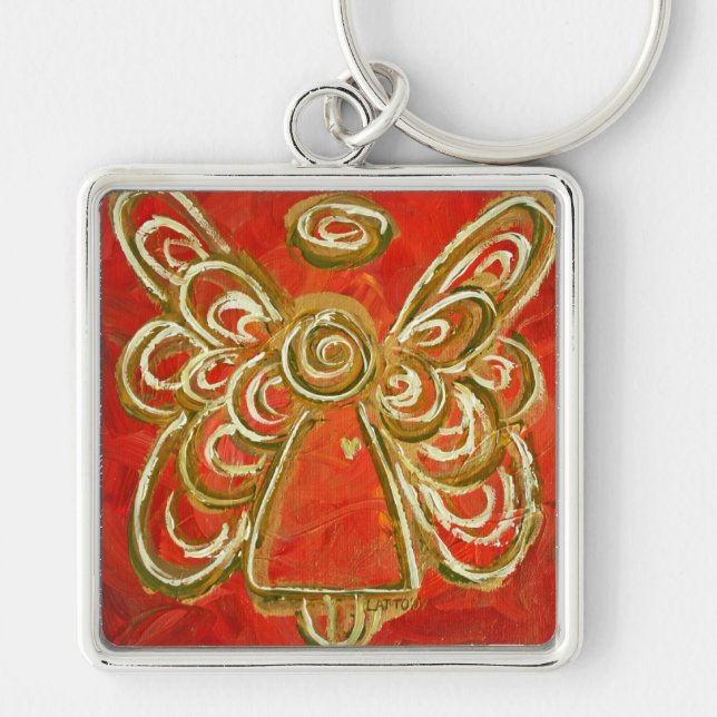 Red Angel Keychain Fyrkantig Silverfärgad Nyckelring (Framsidan)