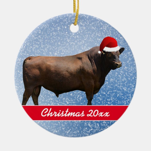 Red Angus Bull och Santa Hat Julgransprydnad Keramik (Framsidan)