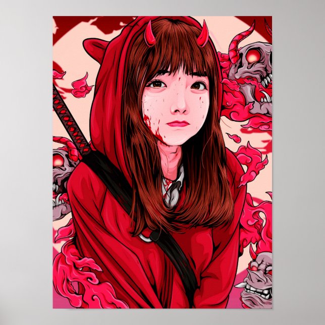 Red Anime Demon Sayer Girl Poster (Framsidan)