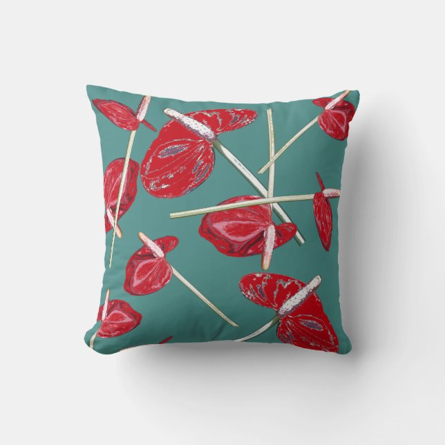 Red Anthurium Flowers Mönster Cushion Pillow Kudde (Framsida)