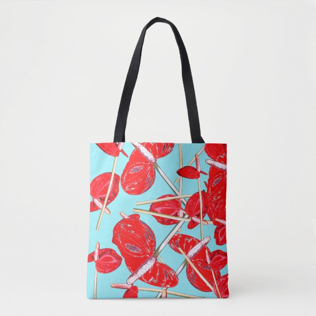 Red Anthurium Flowers Mönster Tote Bag Tygkasse (Framsida)