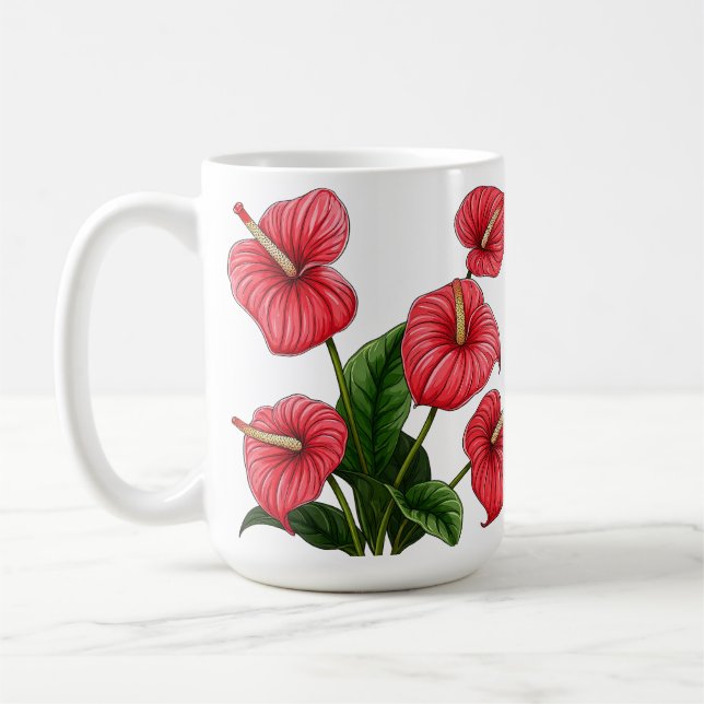 Red Anthurium Flowers with Green Leaves Kaffemugg (Vänster)