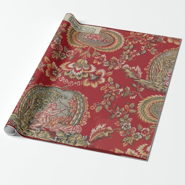 Red Antique Fransk Textile Presentpapper (Utrullad)
