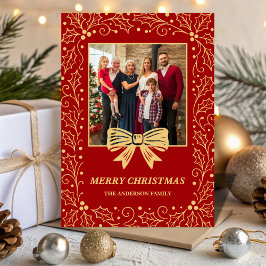 Red & Antique-Gold Bow Family Christmas Photo Julkort