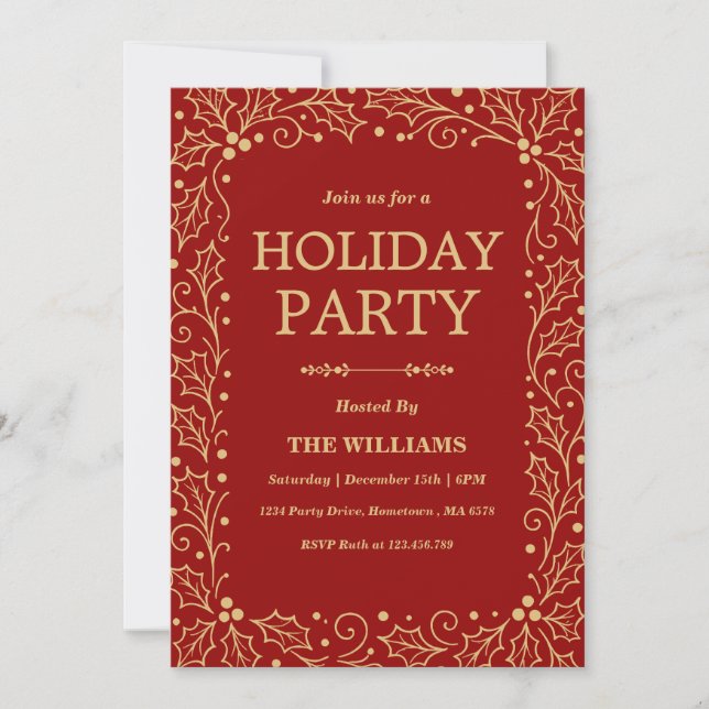 Red & Antique-Gold Holiday Christmas Party Inbjudningar (Framsida)