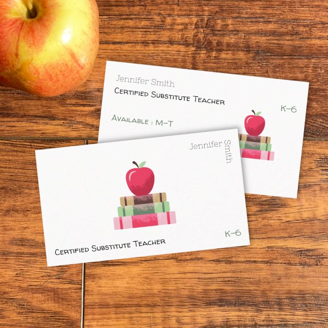 Red Apple and Books Modern Tutor Business Card Visitkort (Red apple on book educator white double-sided business card .)