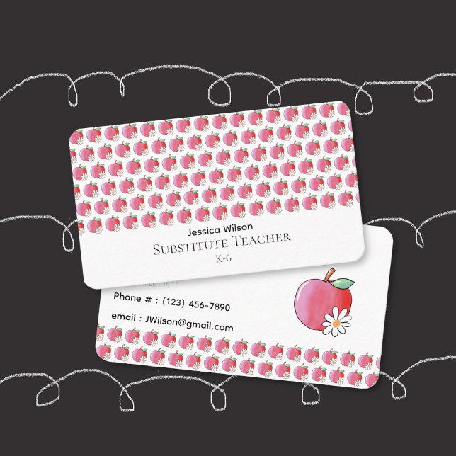 Red Apple and Daisy Pattern Teacher Business Card Visitkort (Red apple and daisy pattern double-sided rounded business cards for educators .)