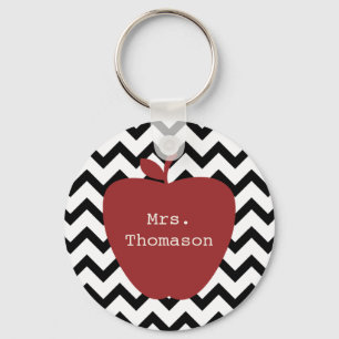 Red Apple Black & White Chevron Teacher Nyckelring