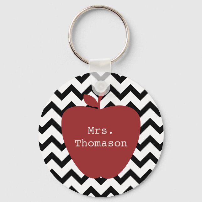 Red Apple Black & White Chevron Teacher Nyckelring (Framsida)