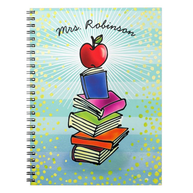 Red Apple Bok Stack Teacher Namn Turcos Rand Anteckningsbok (Framsidan)