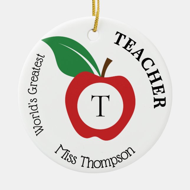 Red Apple Personlig Teacher Monogram Julgransprydnad Keramik (Framsidan)