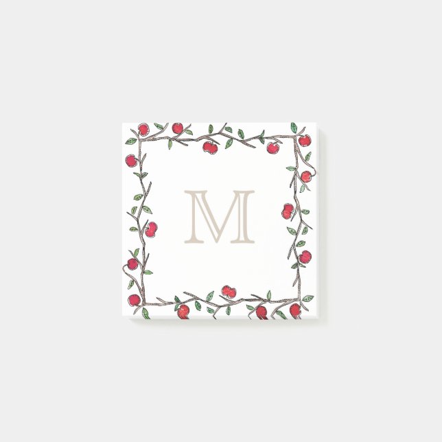 Red Apple Vine Beige Monogram Post-it Block (Framsida)