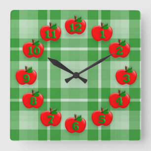 Red Apples Green Checkered Plaid Gingham Fyrkantig Klocka