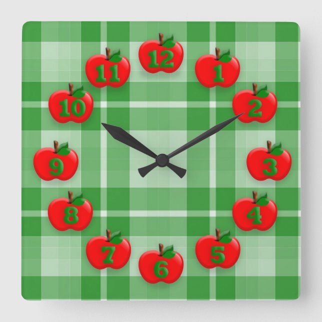 Red Apples Green Checkered Plaid Gingham Fyrkantig Klocka (Framsida)