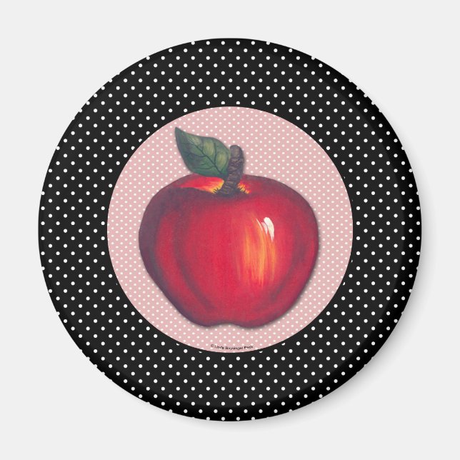 Red Apples White på Black Polka dots Magnet (Framsidan)