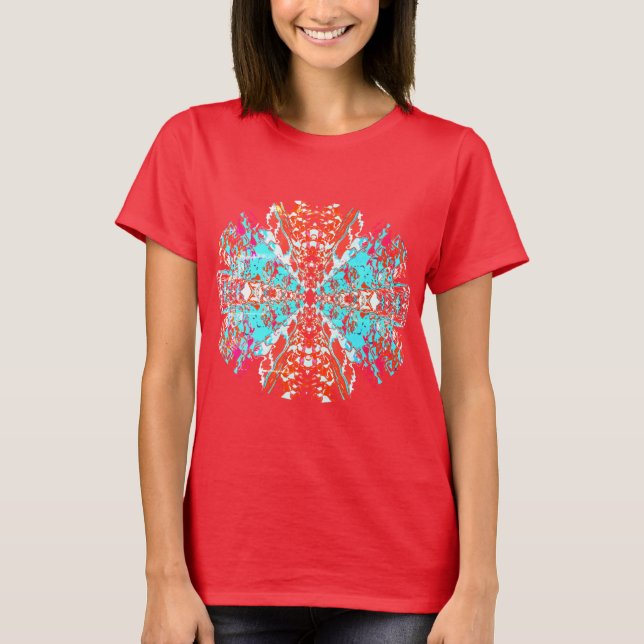 Red Aqua Abstrakt Blommigt Jewel-like Mandala Moti T Shirt (Framsida)