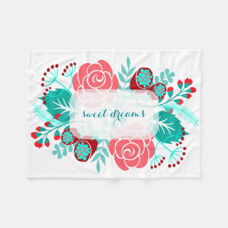 Red Aqua Teal Vintage Blommönster Fleecefilt