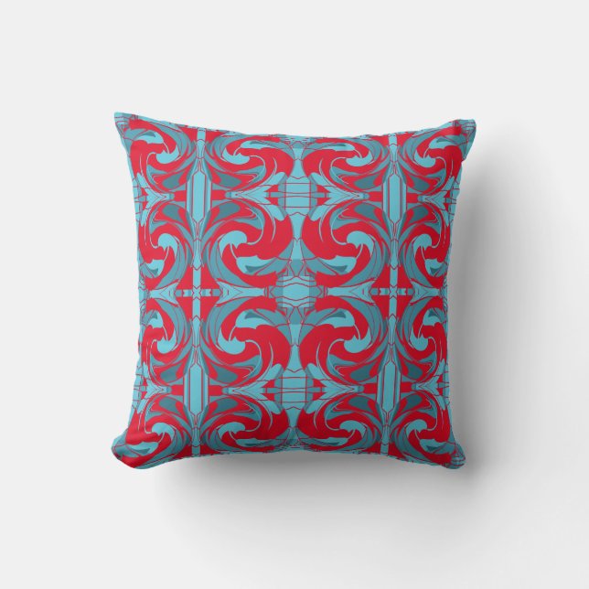 Red Aqua Turcos Swirling Small Ornate Tiles Kudde (Framsida)