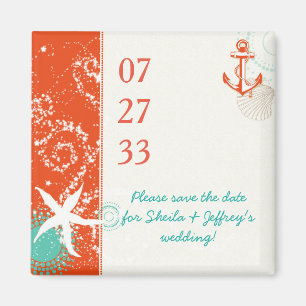 Red Aqua White Nautical Bröllop spara datum Magnet