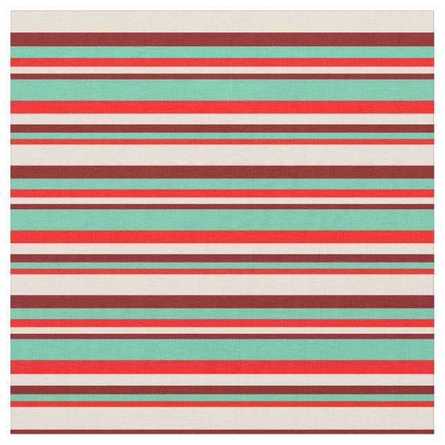 Red, Aquamarine, Maroon & Bisque Färgad Linjer Tyg (Närbild)