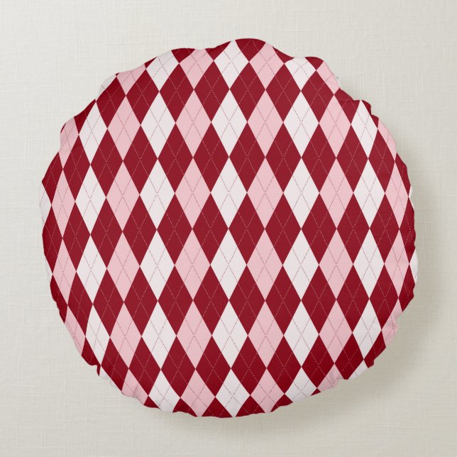 Red Argyle Crimson Rosa Small Diamond Shape Rund Kudde (Baksidan)