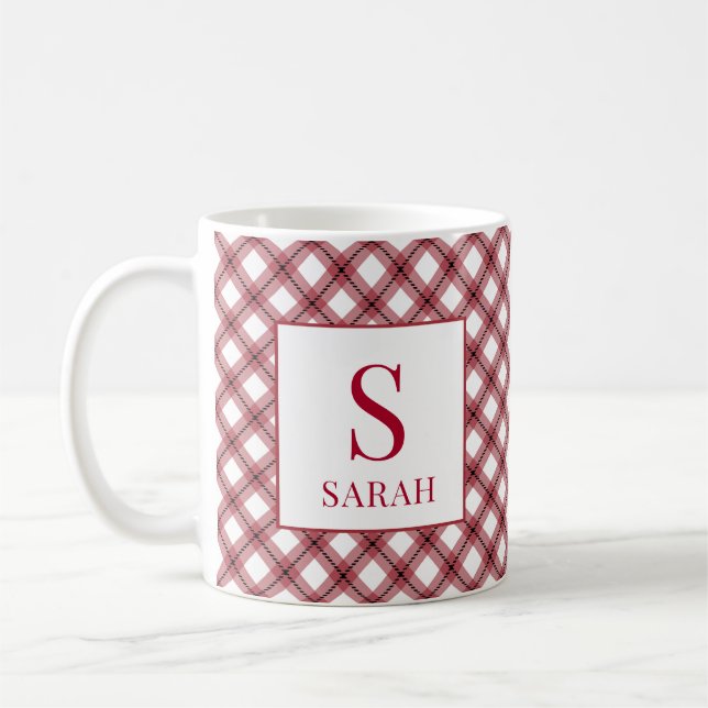 Red Argyle Plaid Monogram Name Kaffemugg (Vänster)