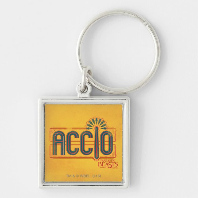 Red Art Deco ACCIO™ Spell Graphic Fyrkantig Silverfärgad Nyckelring (Framsidan)
