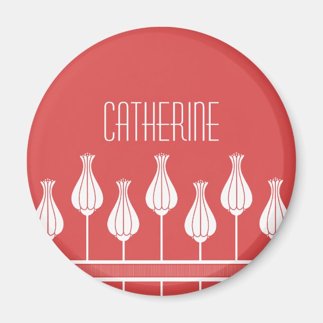 Red Art Deco Blommigt Magnet (Framsidan)