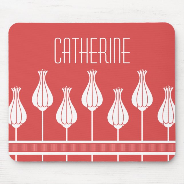 Red Art Deco Blommigt Mousepad Musmatta (Framsidan)