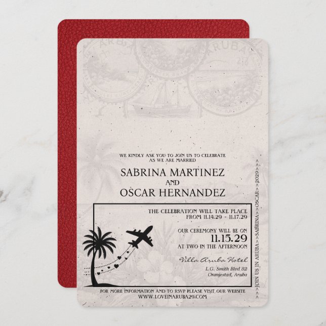 Red Aruba Passport Wedding-inbjudan Inbjudningar (Fram/baksida)