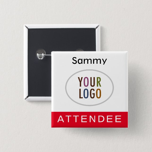 Red Attendee Namn Badge med Logotyp Pinback Square Knapp (Framsida & baksida)