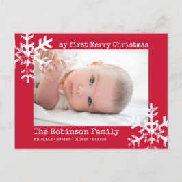 Red Baby Helgdag Första julfoto Snöflingor Helg Vykort