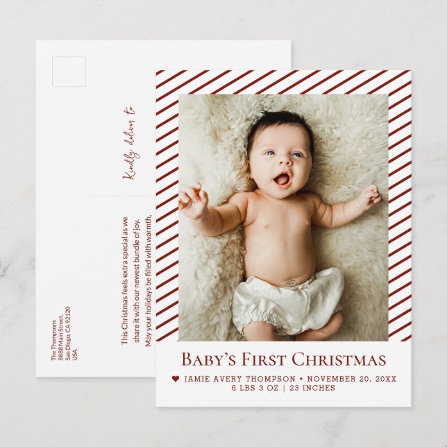 Red Baby’s First Christmas Custom Photo Birth  Vykort (Fram/baksida)