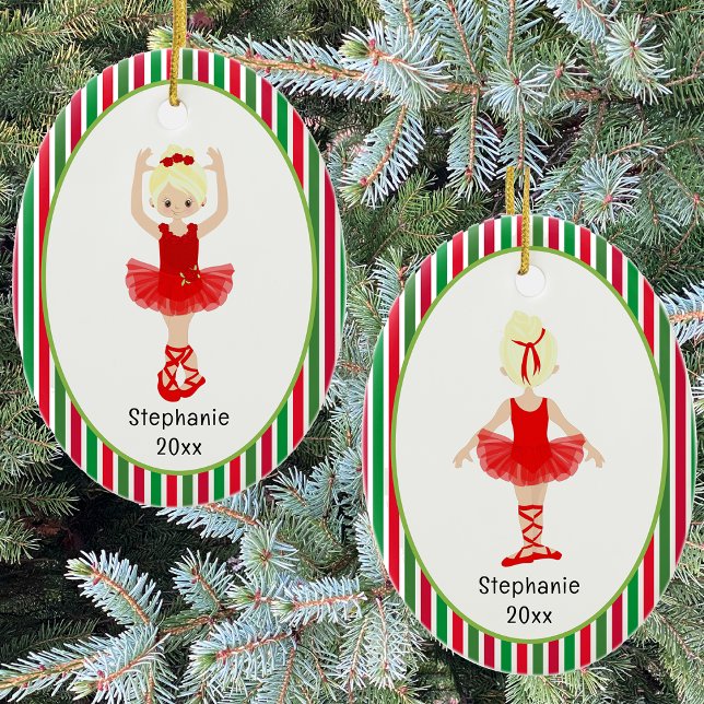 Red Ballerina Rand Personlig jul Julgransprydnad Keramik (Red Ballerina Stripes Personalized Christmas Ceramic Ornament)