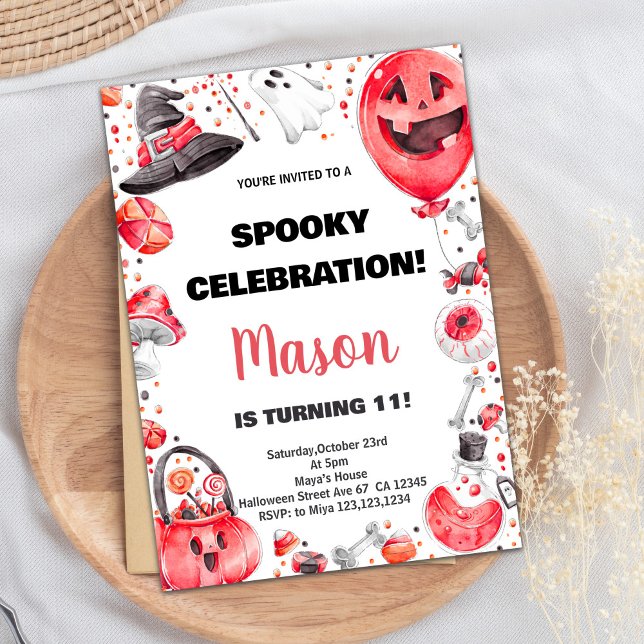 Red Ballon Halloween Birthday-inbjudningar Inbjudningar (Red Ballon Halloween Birthday Invitations)