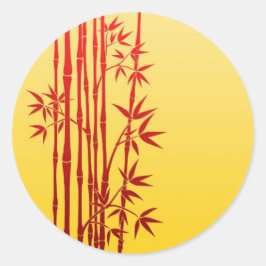 Red Bamboo Sticks med Löv på Gult Runt Klistermärke