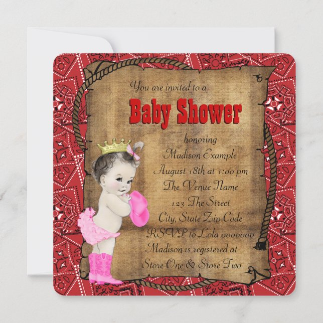 Red Bandana Cowgirl Baby Shower Inbjudningar (Baksida)