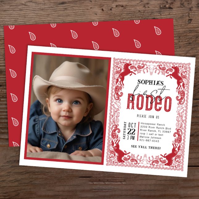 Red Bandana First Rodeo Fotoinbjudan - Cowboyen Inbjudningar (Red Redo Birthday Party Invite)