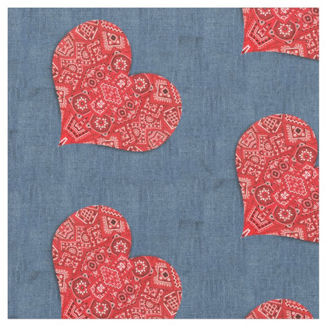 Red Bandana Heart Denim Combo Tyg (Närbild)