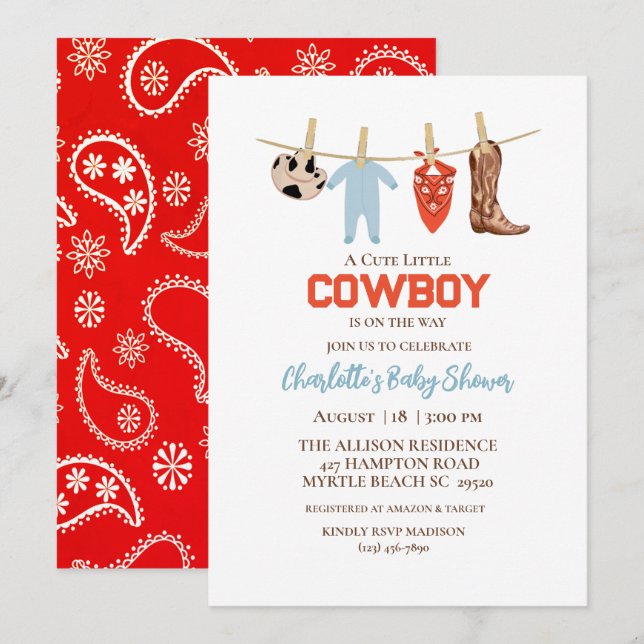 Red Bandana Western Cowboy Birthday-inbjudan Inbjudningar (Fram/baksida)